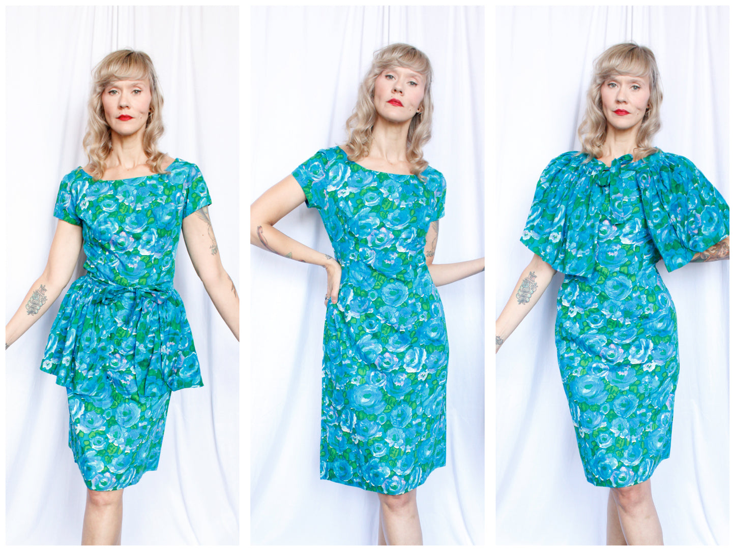 1950s Tailor Made Floral Dress with removable Caplet/Peplum - Medium