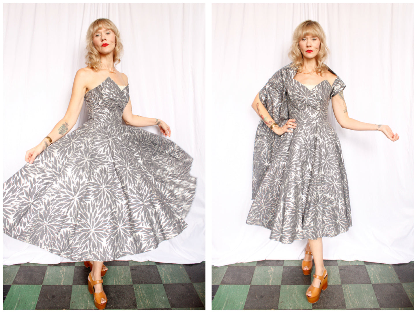 1950s Silver Leaf Fred Perlberg Strapless Party Dress with Shawl - Small