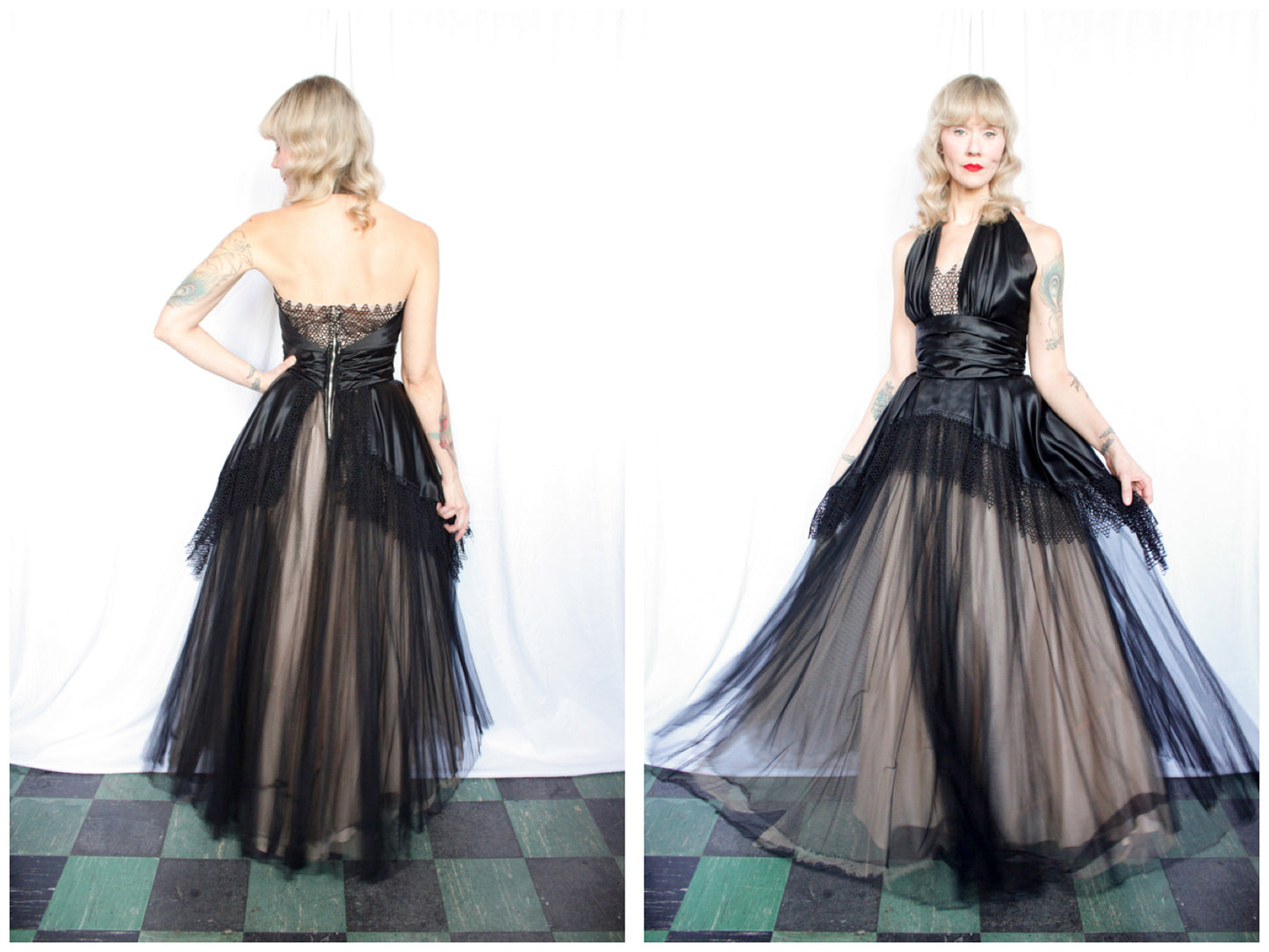 1950s Silk Satin & Tulle Marshall Fields Co Halter Gown - Small