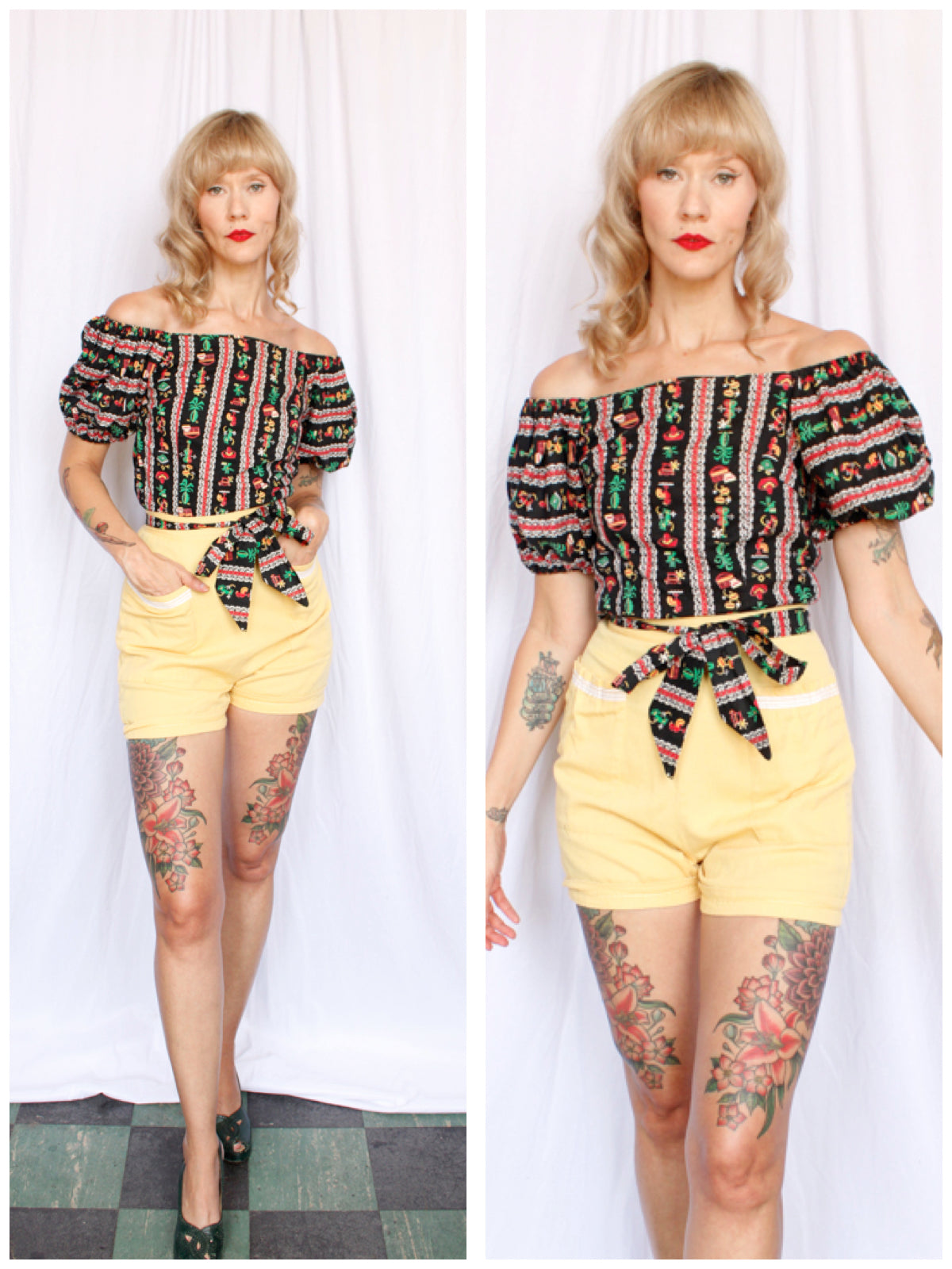 1950s Puff Sleeve Cactus & Guitars Novelty Print Blouse - Xsmall