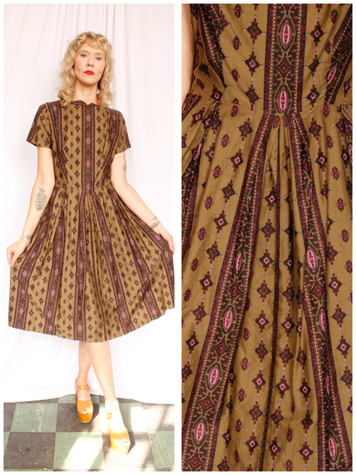 1950s Olive & Fig Cotton Dress - Medium