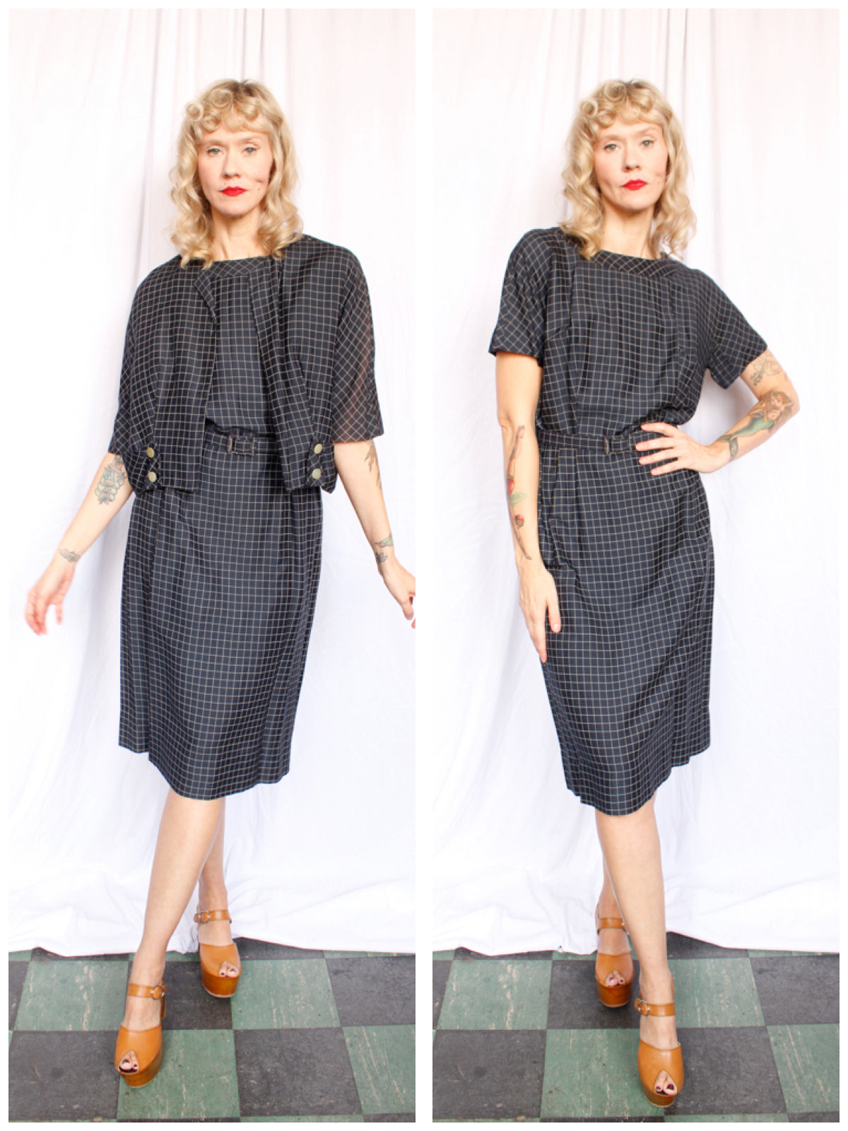 1950s Grid Print Silk Dress & Jacket by Franklin - M/L
