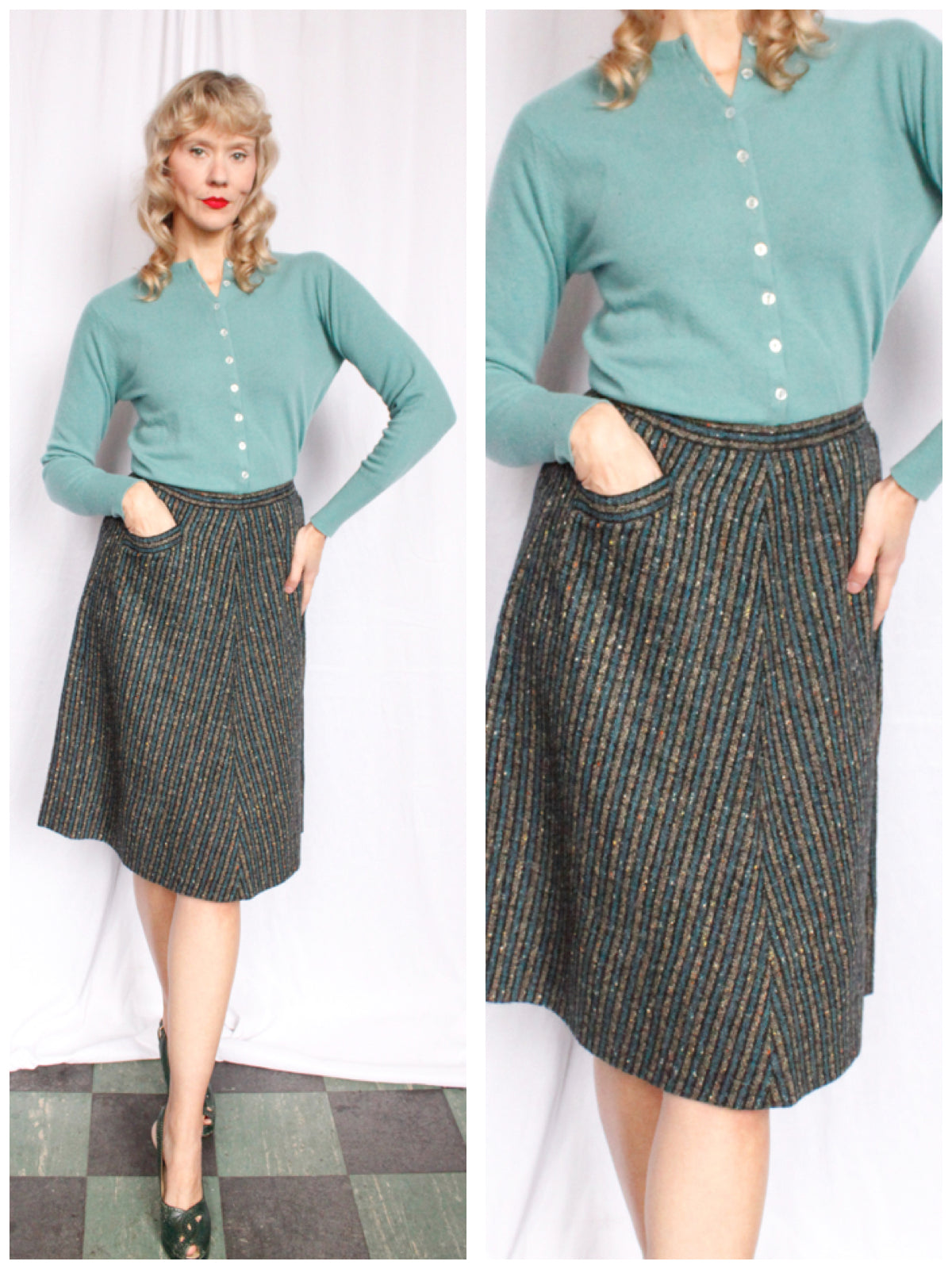 1950s Sporteens Aline Striped Tweed Skirt - Small