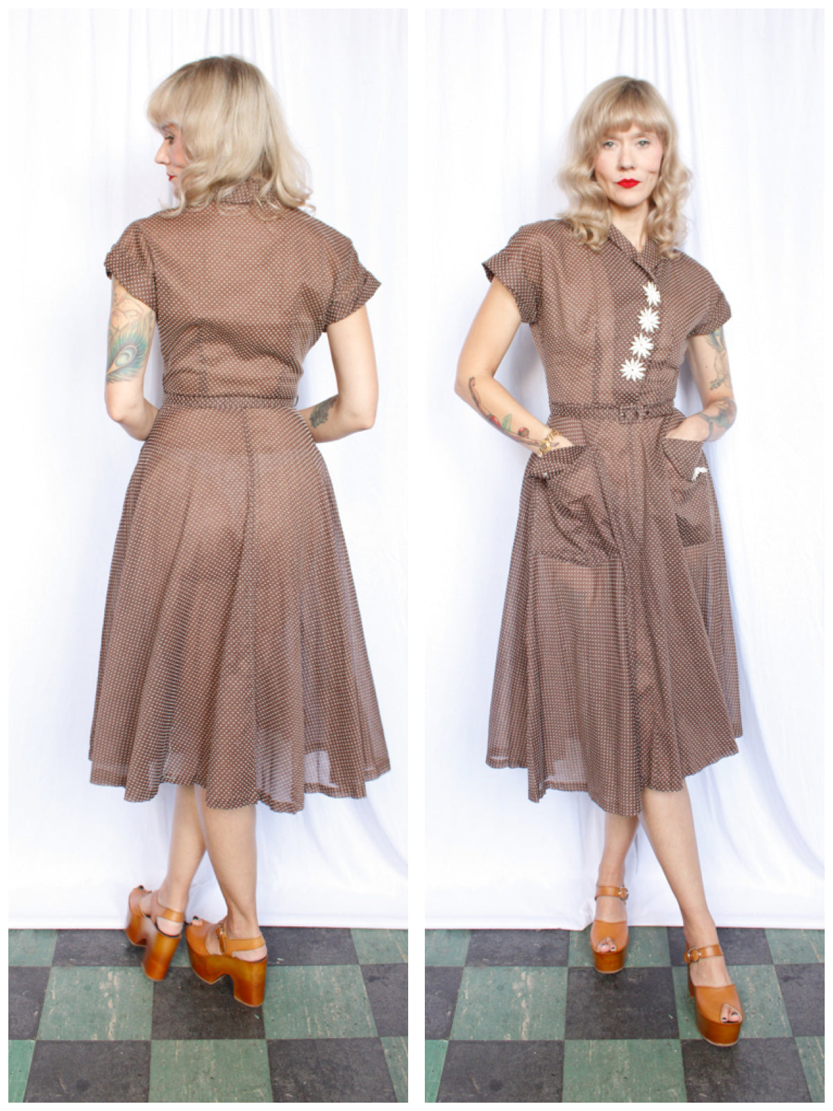 1950s Swiss Dot Brown & White Johnnye Dress - Small