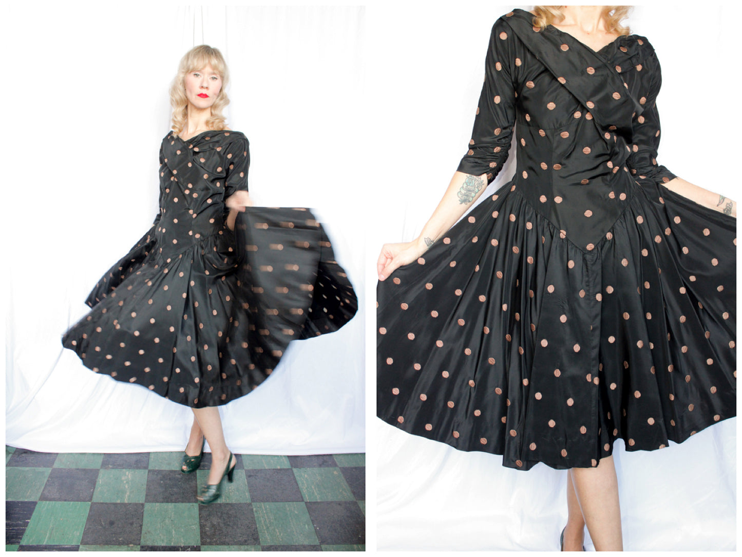 1950s Taffeta Gold Polka Dot Party Dress - Medium