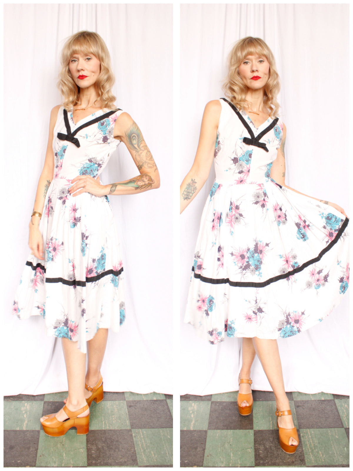 1950s Floral Cotton Day Dress - Small