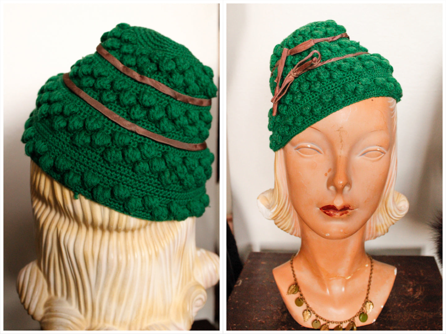 1940s Green Cotton Knit Hat