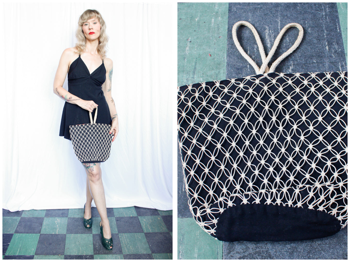 1950s Black & Red Cotton Woven Straw Summer Handbag