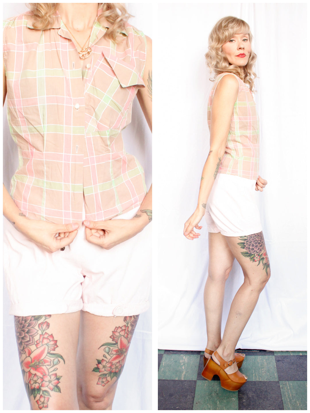 1950s Cotton Plaid Sleeveless Blouse - Medium