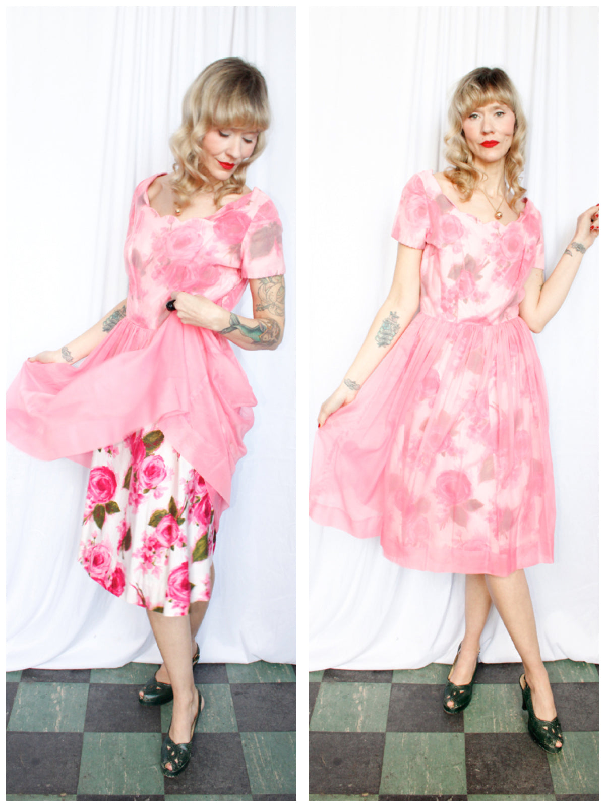 Late 1950s Rose Print Cotton & Nylon Dress - Medium