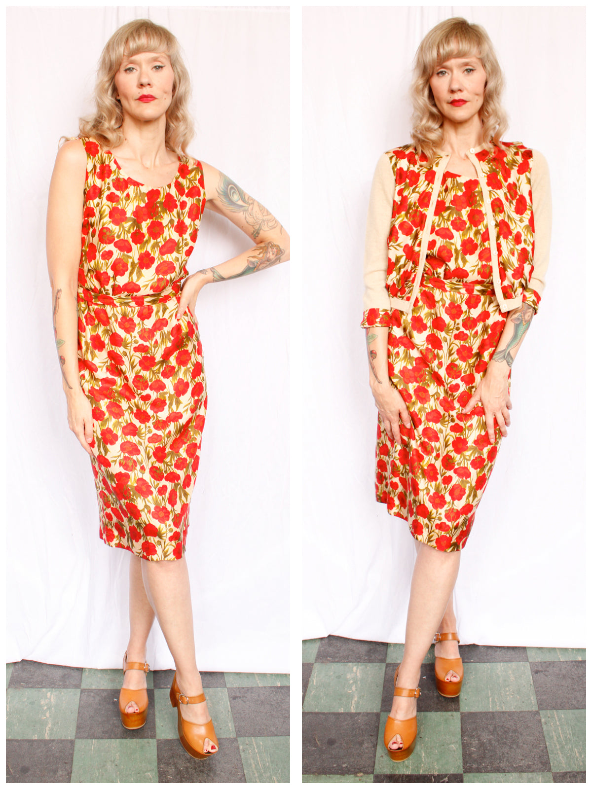 1950s Silk Poppy Dress & Cashmere Cardigan - Medium