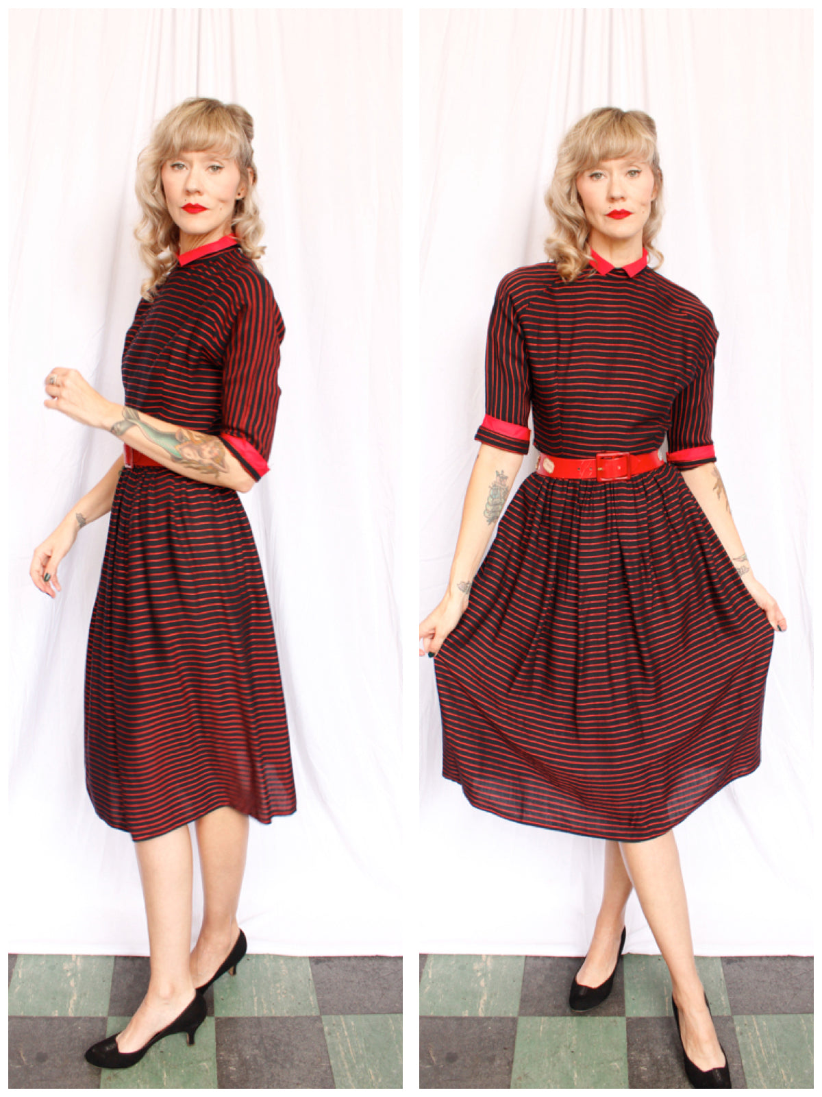 1950s Black & Red Striped Full Skirt Dress - Small