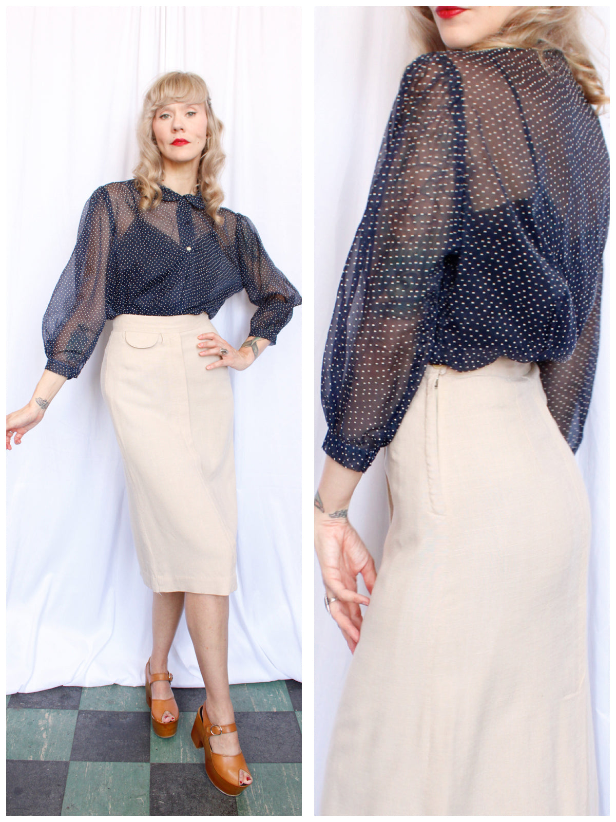 1950s Swiss Dot Sheer Navy Blouse - M/L