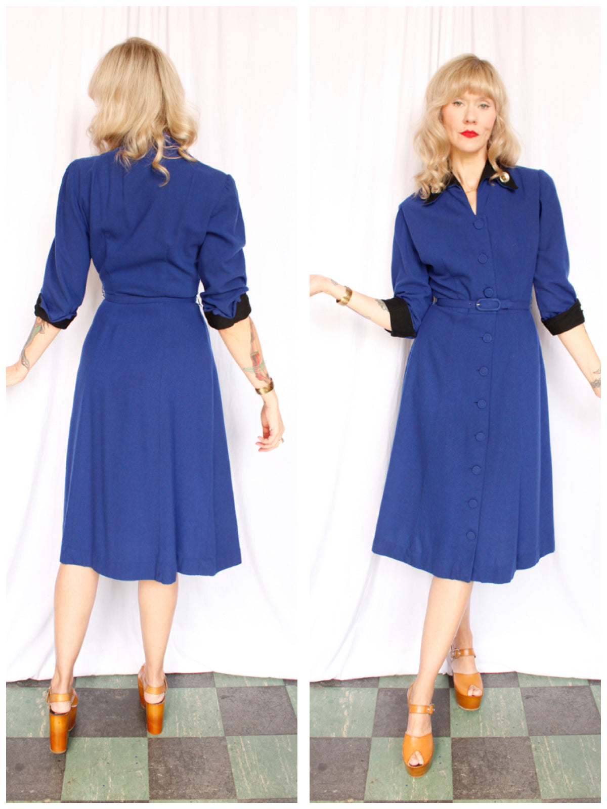 1950s Georgiana Blue Wool Dress - Small
