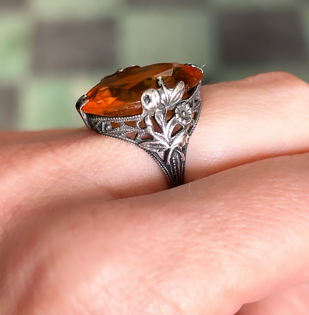 1890s Victorian Antique Art Nouveau Citrine Glass Sterling Silver Ring - size 6