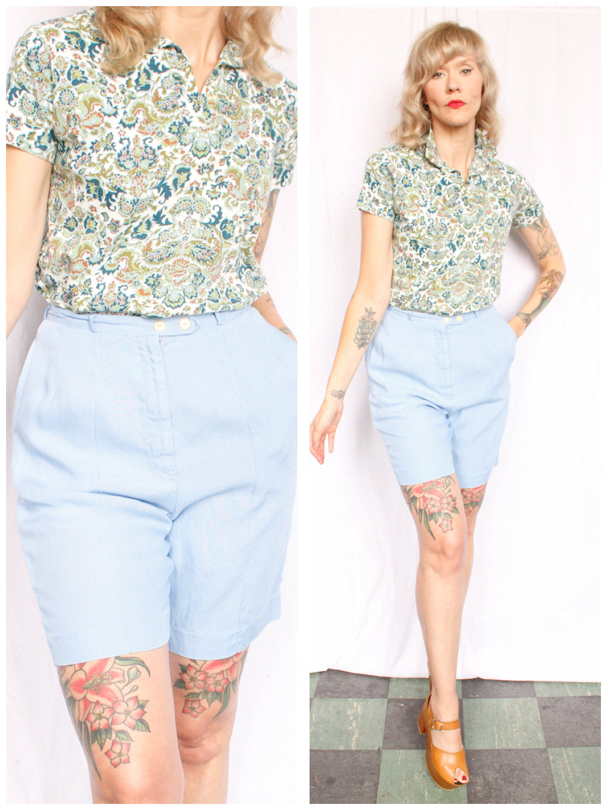 1960s Saks Fifth Ave Blue Linen Shorts - Small