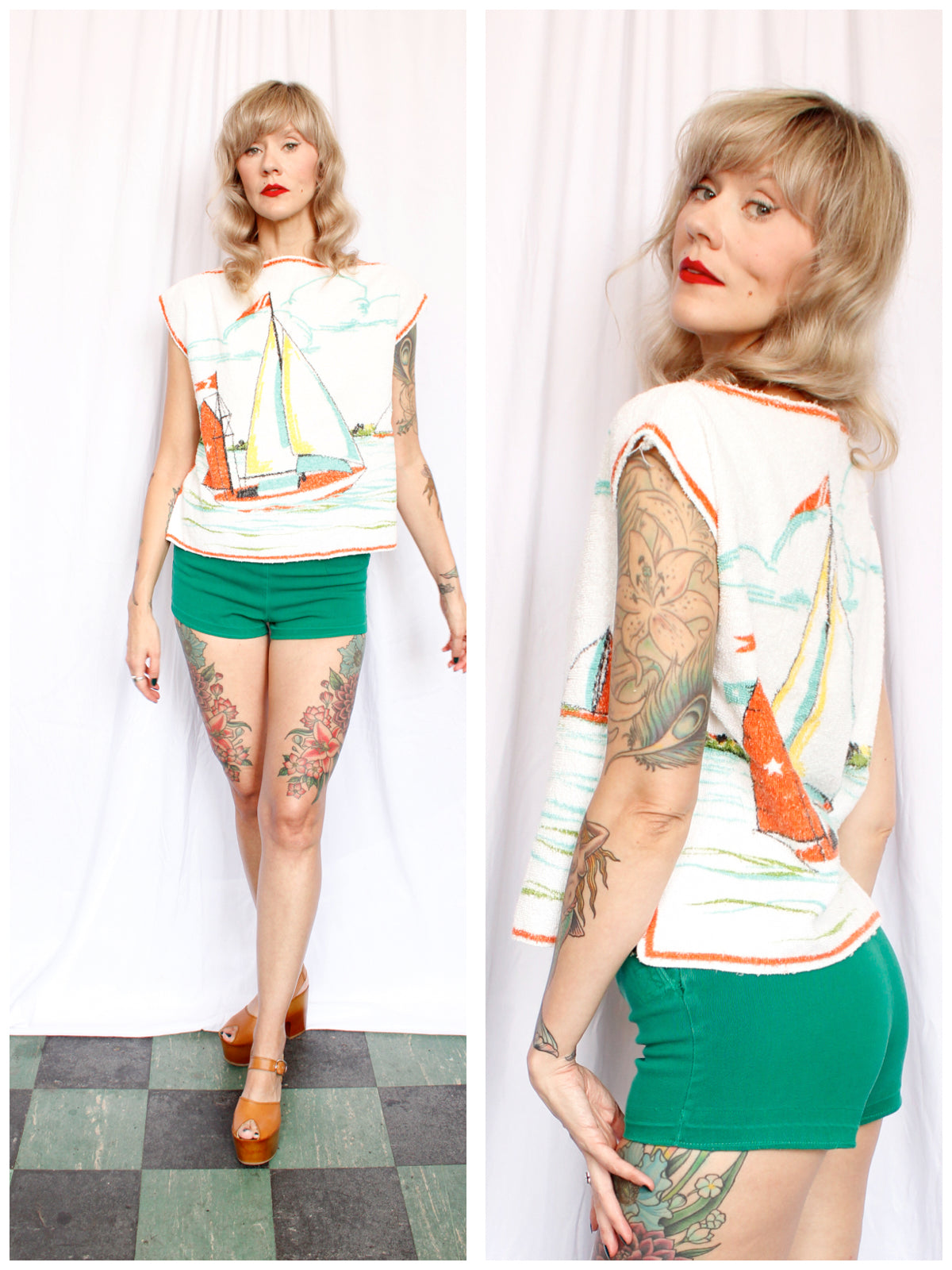 1960s Sailboat Terry Cloth Beach Shirt - M/L