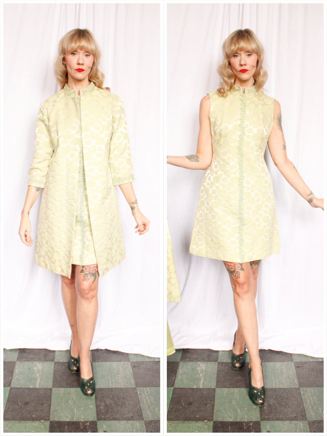 1960s Floral Brocade Pale Green Dress & Jacket - Medium
