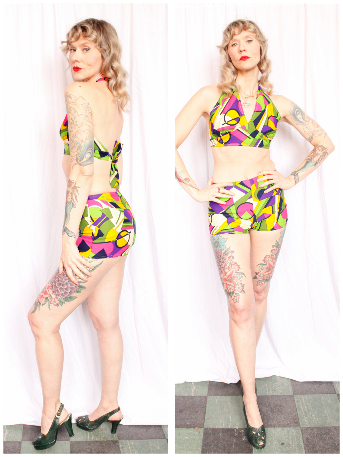 Late 1960s Geometric Handmade Summer 2pc Playsuit - Xsmall
