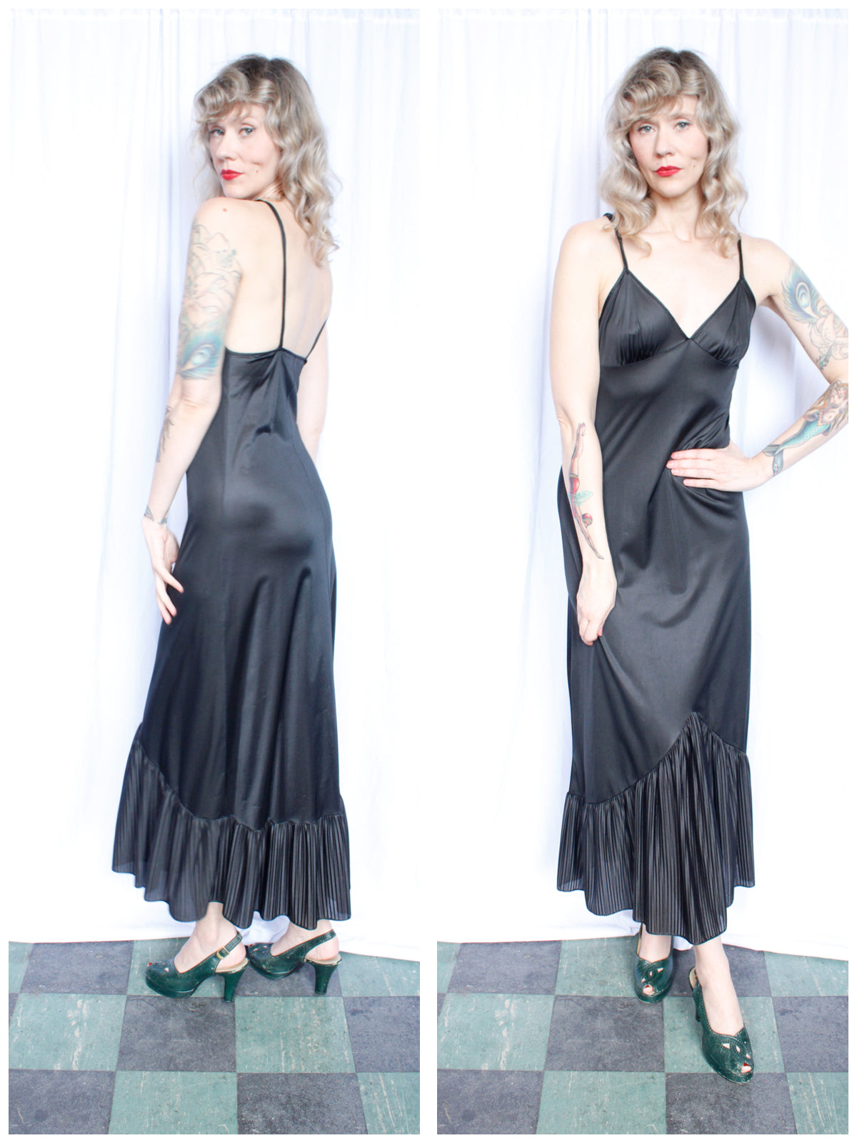 1970s Long Black Nylon Gown - Medium