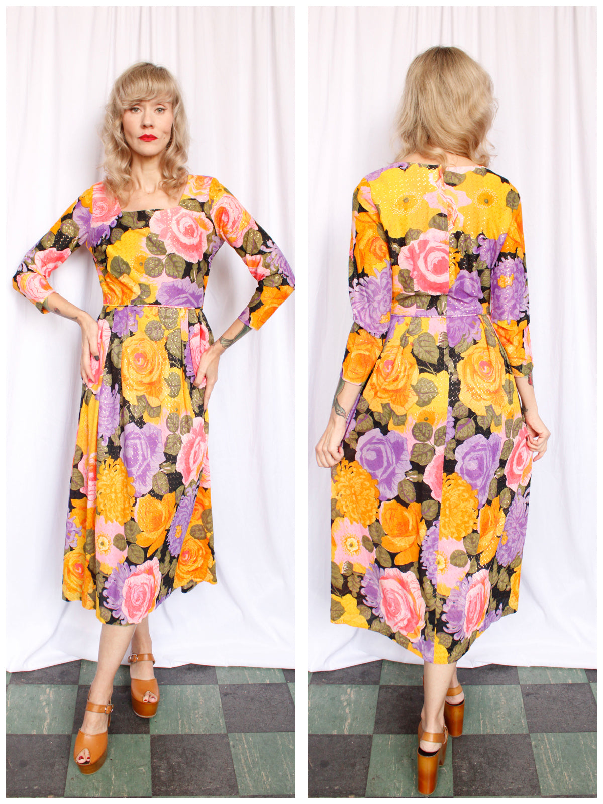 1960s Bold Floral Metallic Midi Dress - S/Med