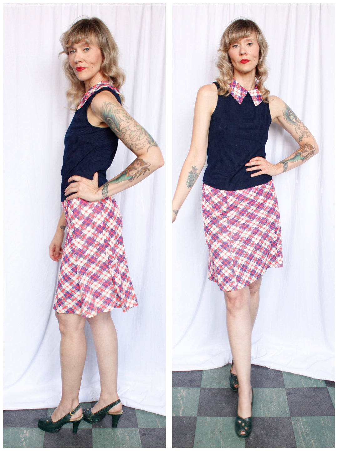 1970s 2pc Blue & Coral Plaid Blouse + Skirt Set - Medium