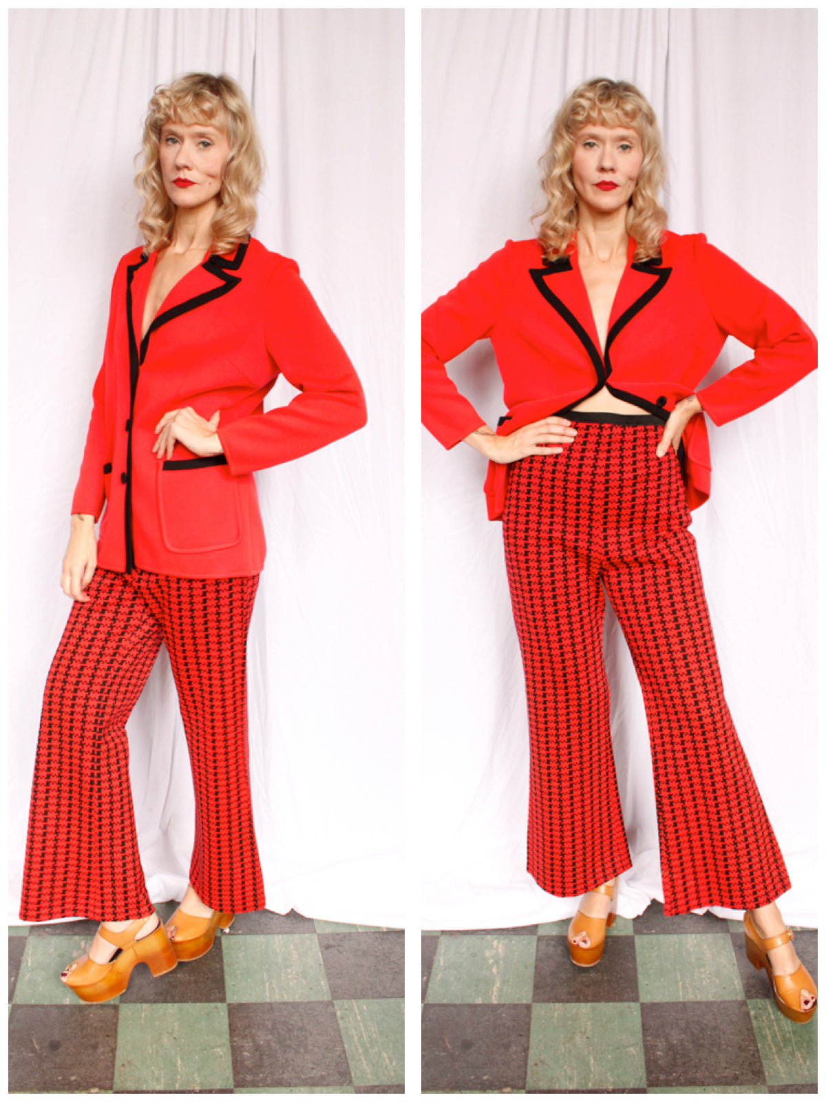1970s Red Orange & Black Houndstooth Knit Wool Suit - L/XL
