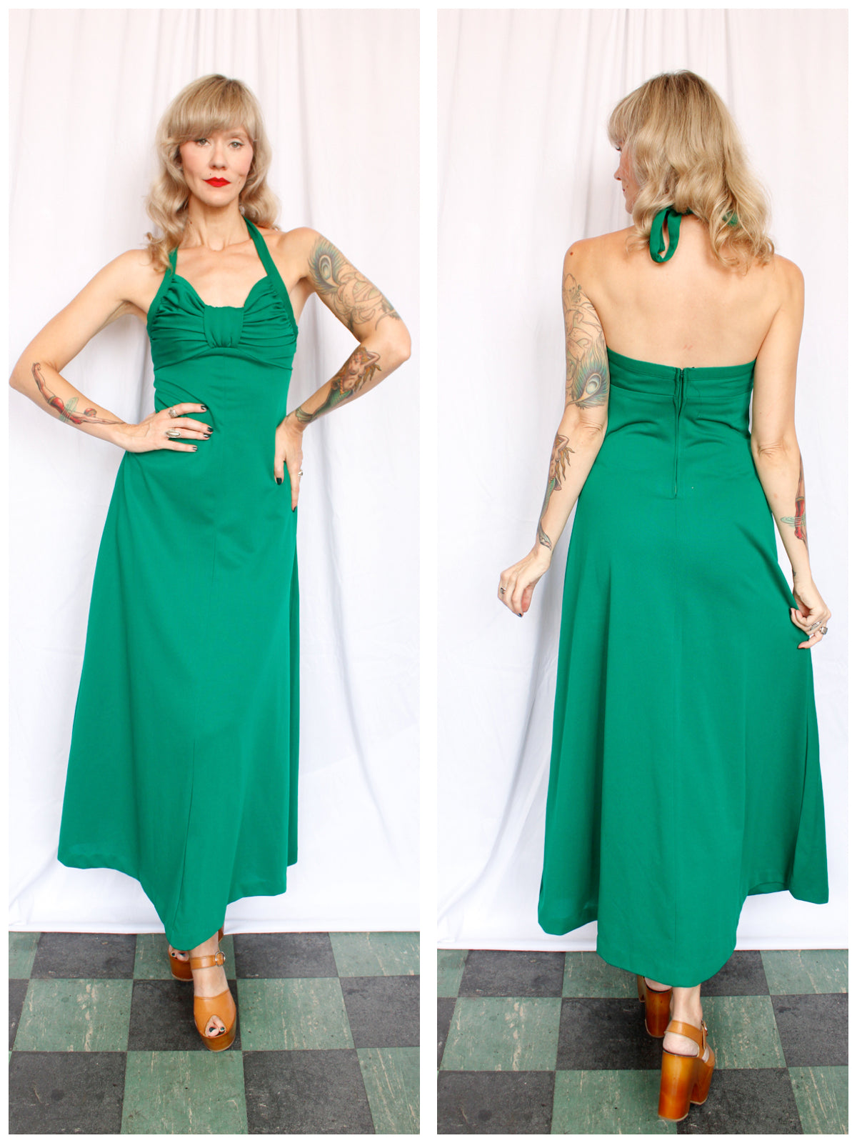 1970s Kelly Green Maxi Halter Dress - Small