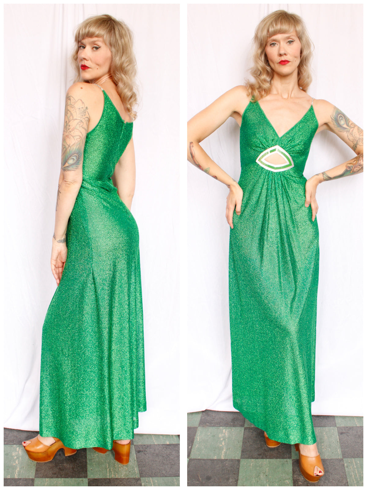 1970s Lurex Green Maxi Disco Dress - Xsmall-Small