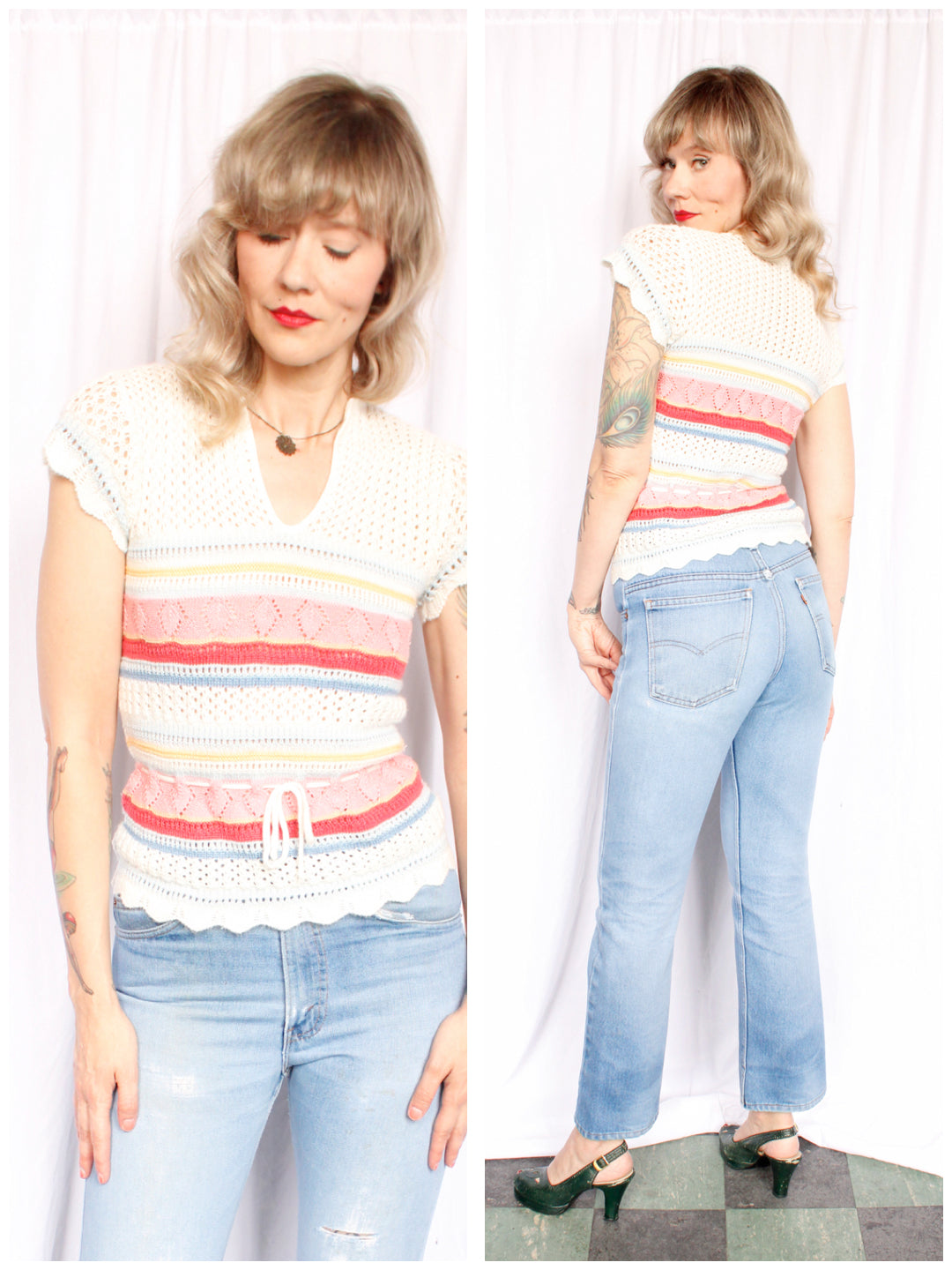 1970s Open Knit Acrylic Sweater - Small