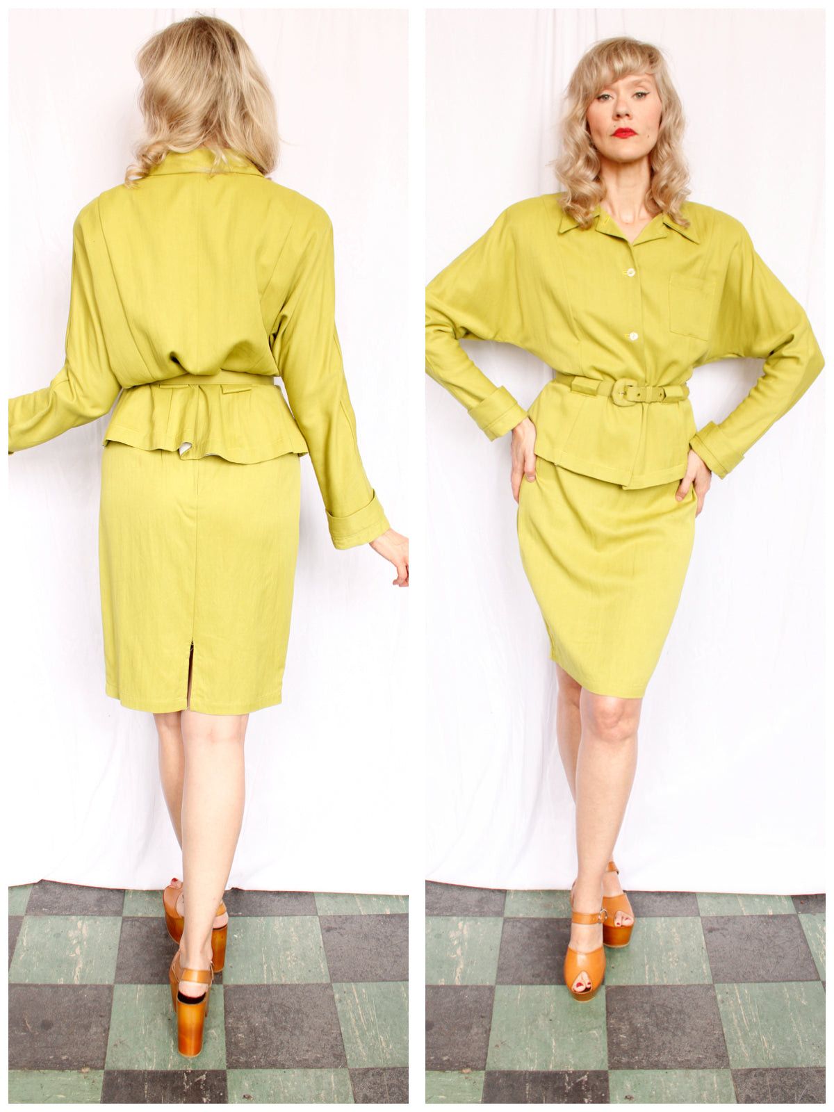1980s Chartreuse L.Bates Rayon 2pc Suit - Medium