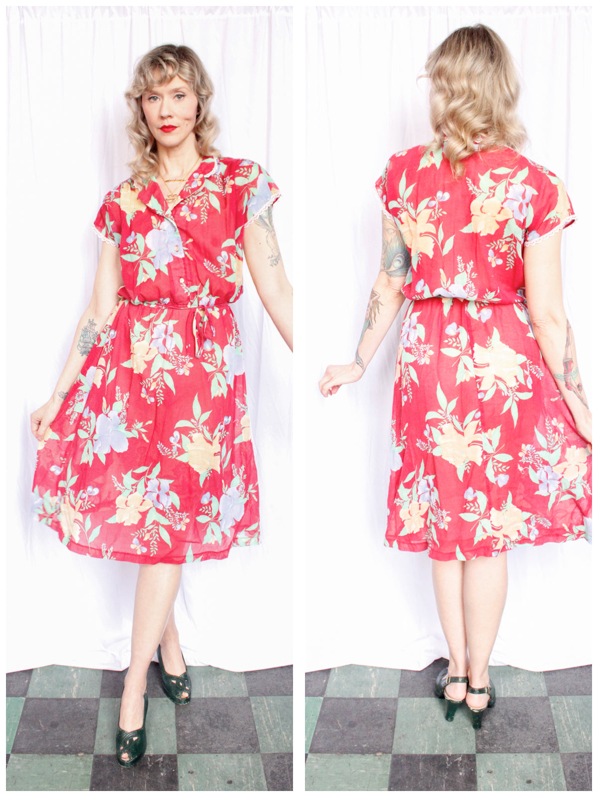 1980s Red Floral Dress - Medium