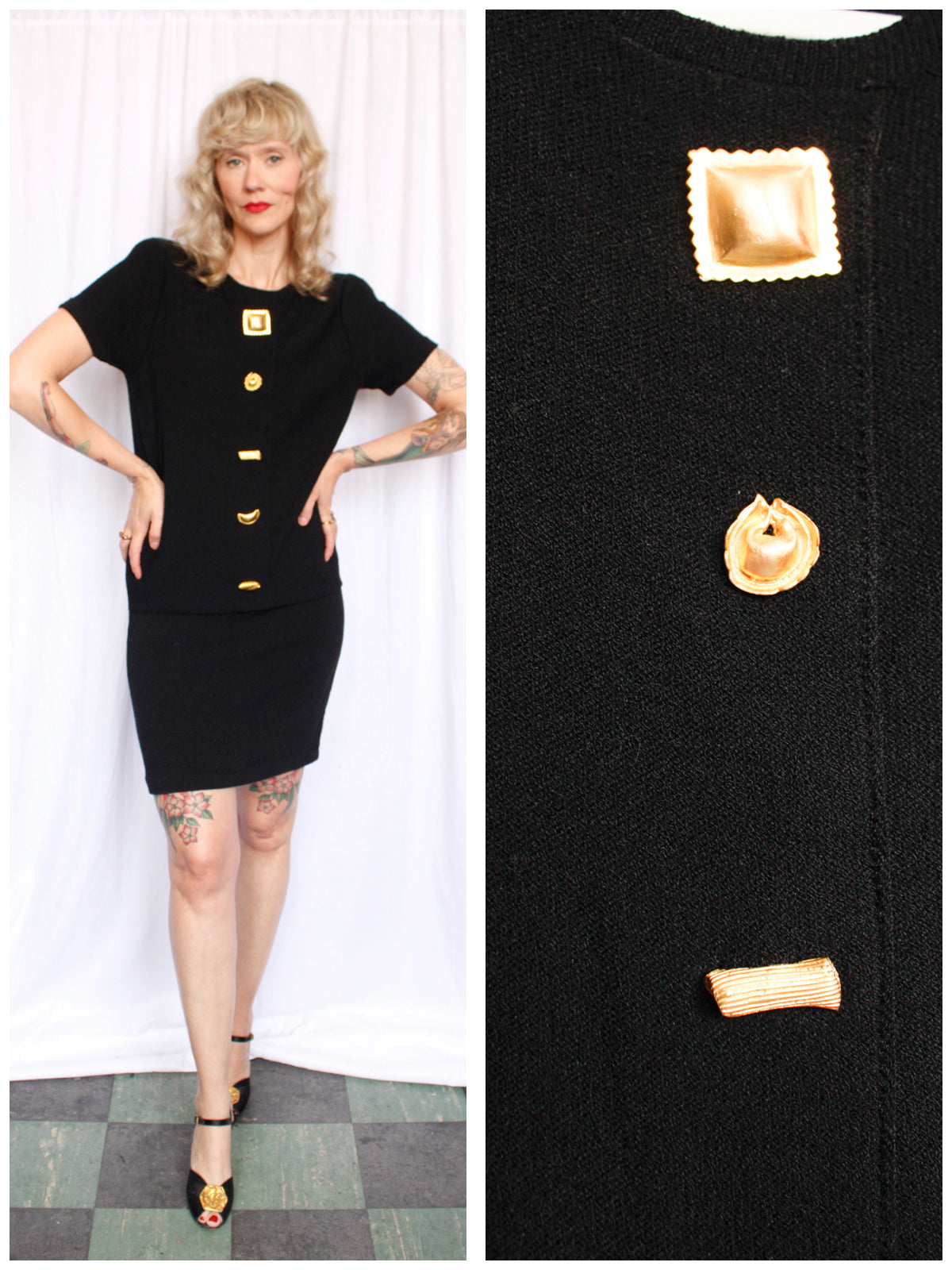 1990s Steve Fabrikant for Neiman Marcus Black Knit Pasta Button Dress - Medium