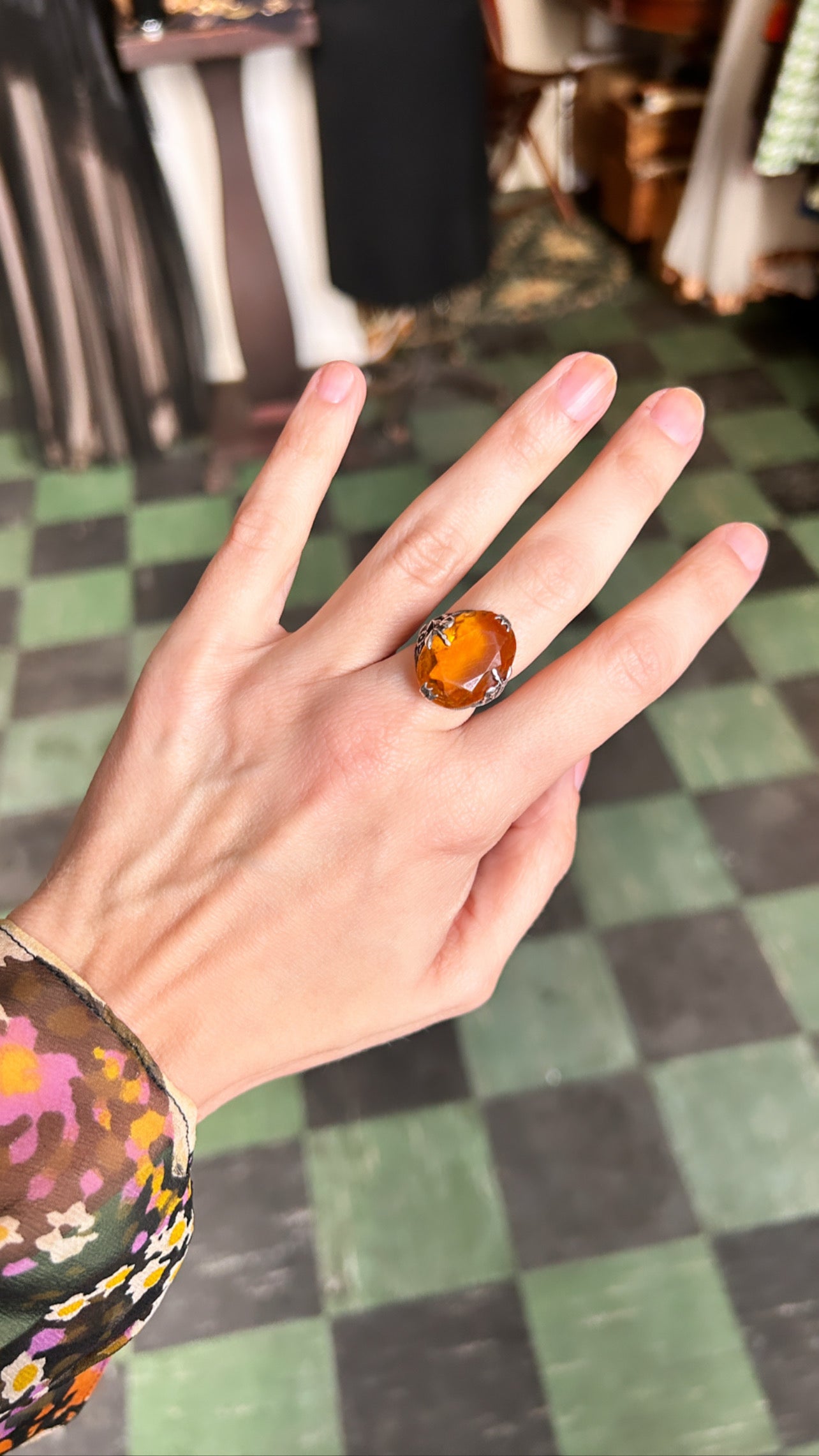 1890s Victorian Antique Art Nouveau Citrine Glass Sterling Silver Ring - size 6