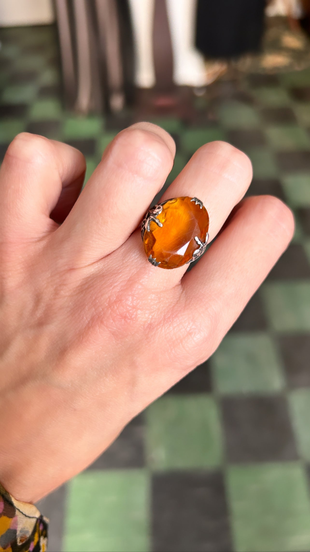 1890s Victorian Antique Art Nouveau Citrine Glass Sterling Silver Ring - size 6