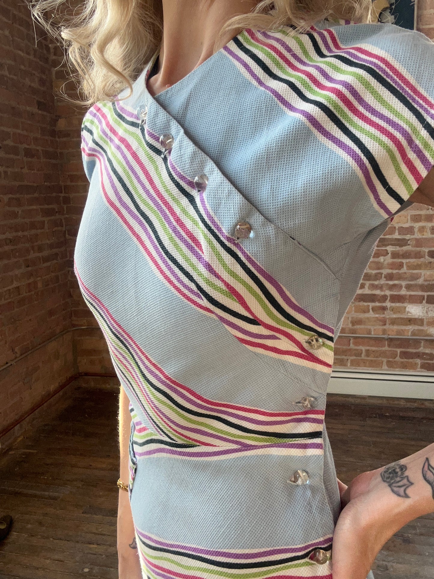 1940s Asymmetrical Striped Button Pique Cotton Dress - Small
