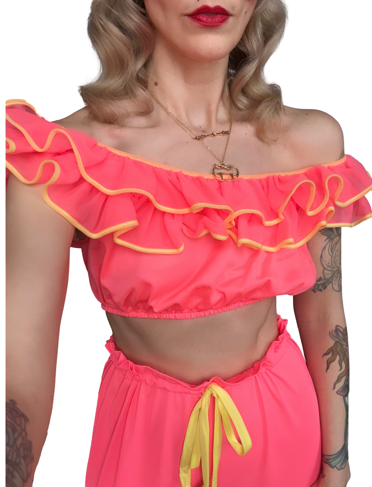 1960s Day Glo Pink and Yellow Nylon Lounge Set - Large