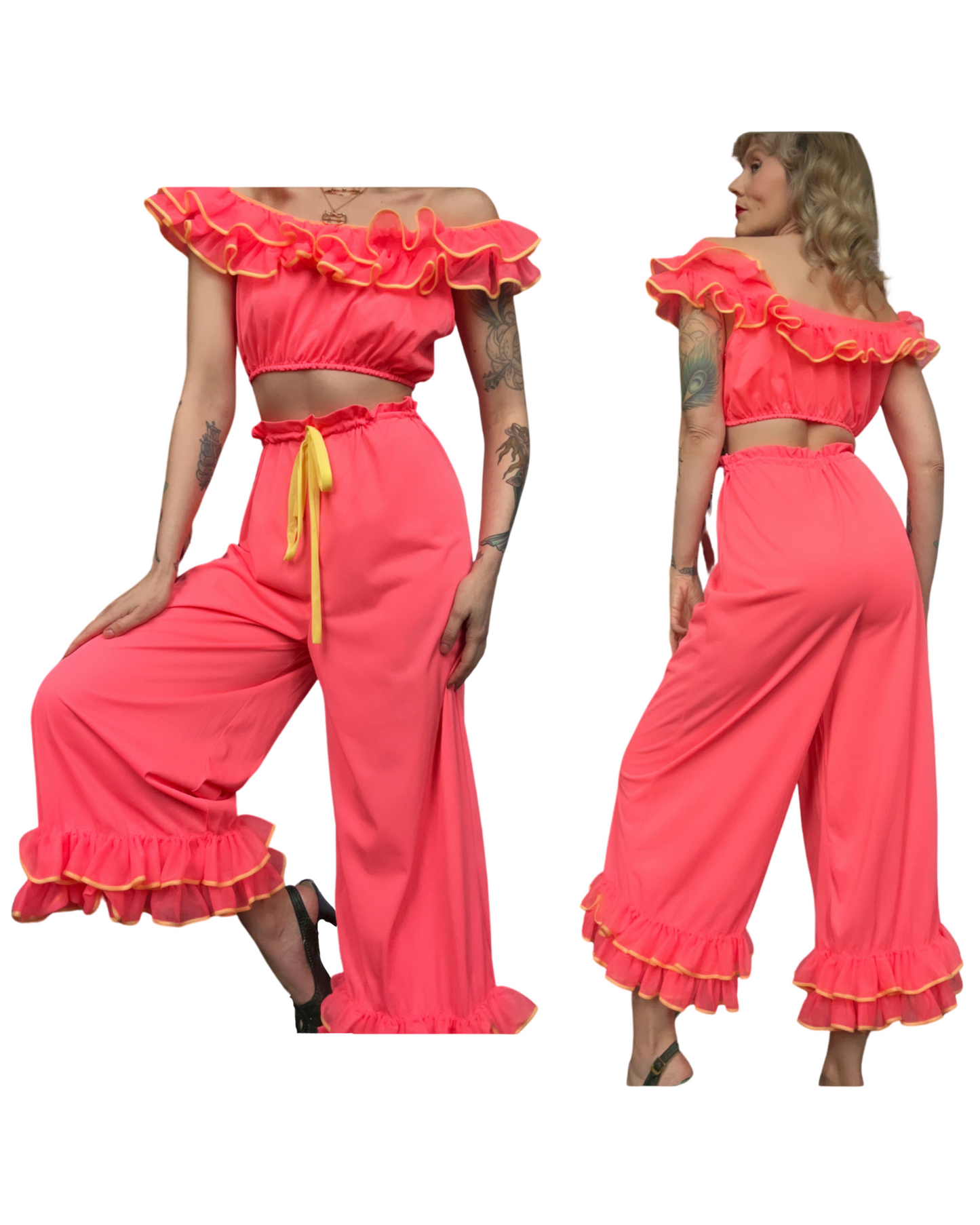 1960s Day Glo Pink and Yellow Nylon Lounge Set - Large