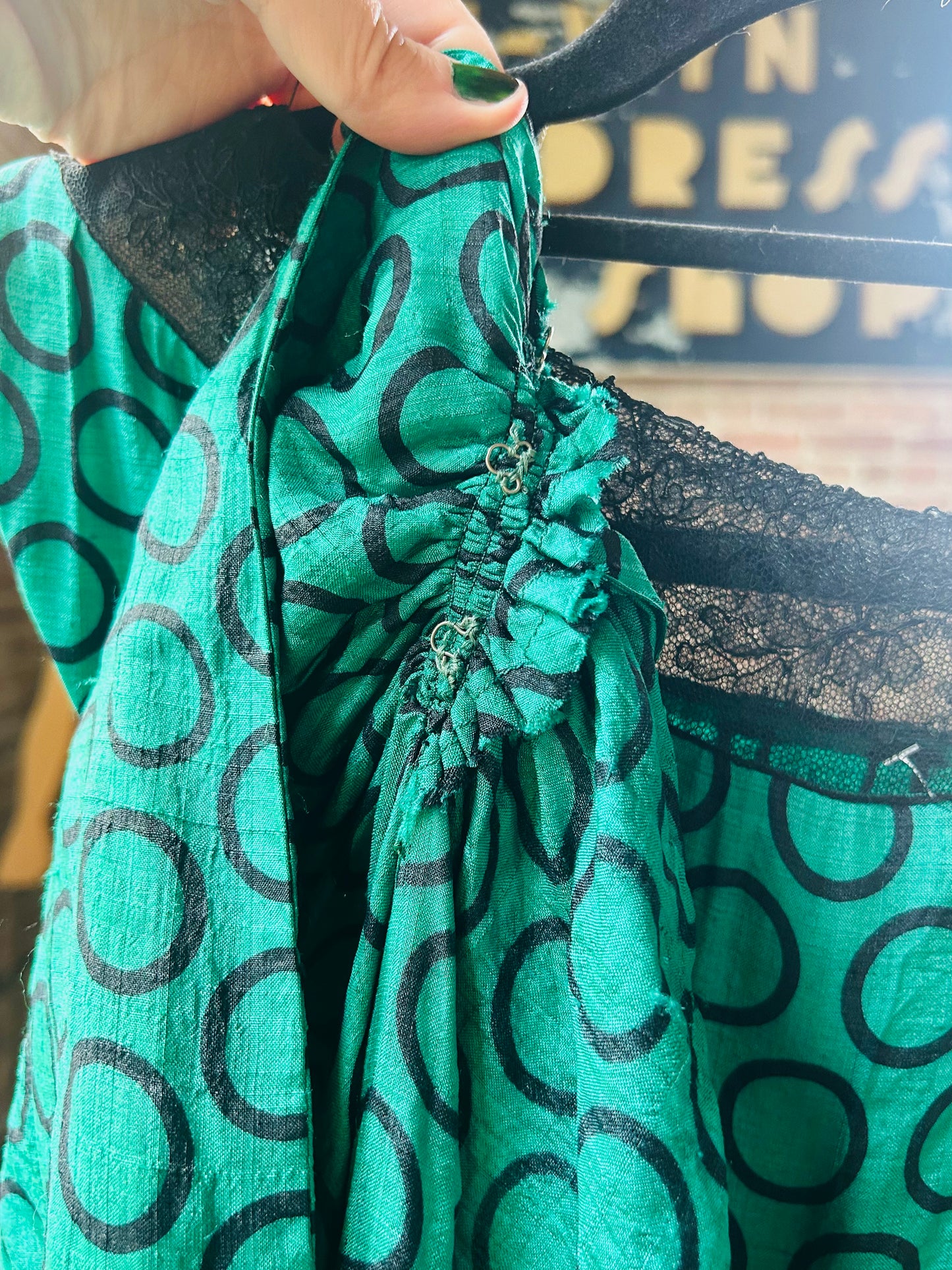 1940s Teal and Black Silk Dress - Small