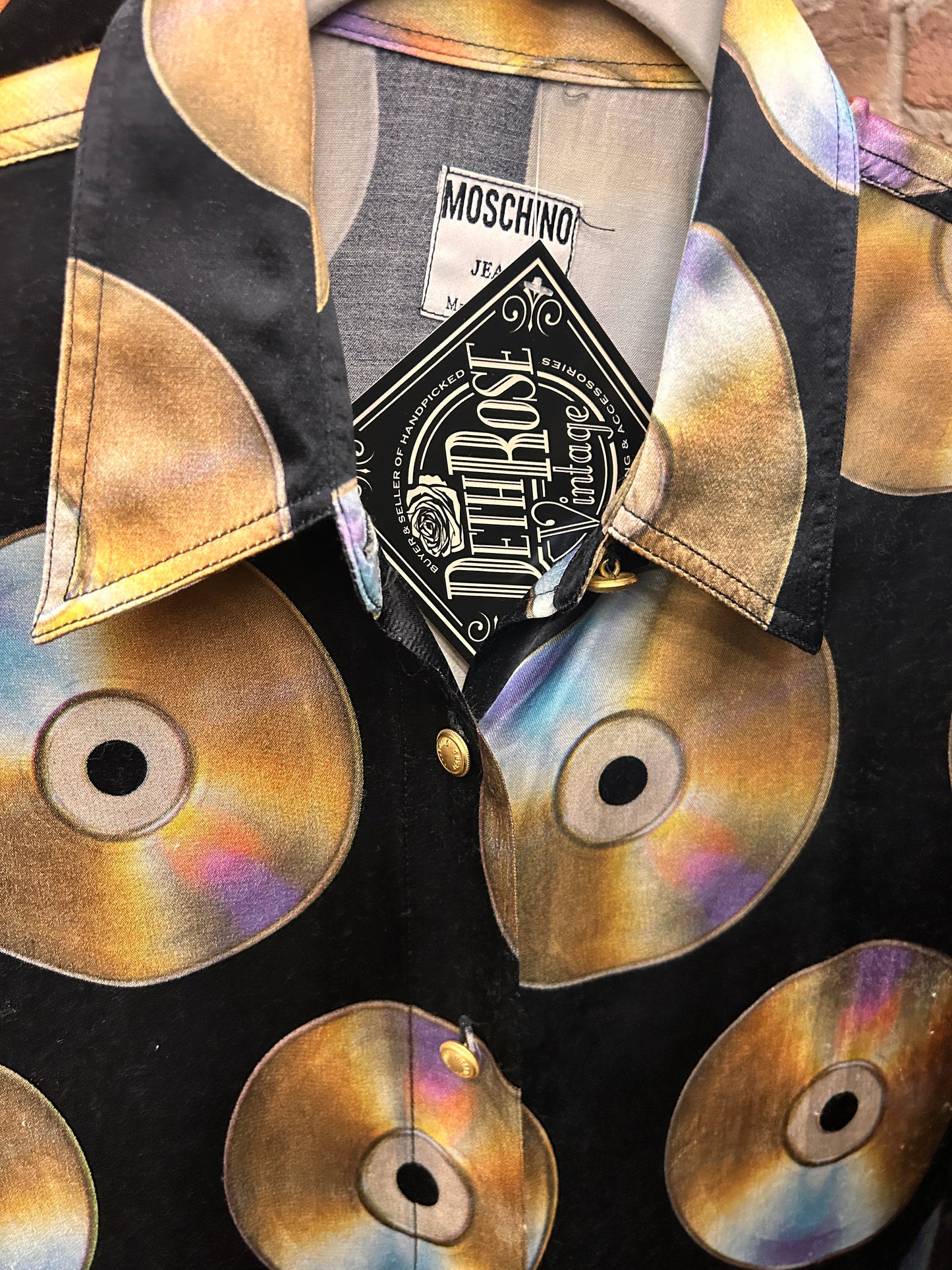 1990s Moschino CD Print Silk Blend Shirt - Large