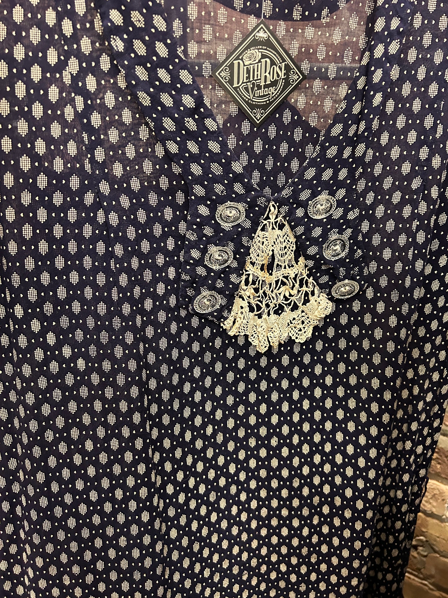 1920s Swiss-dot Cotton Blue Day Dress - XL