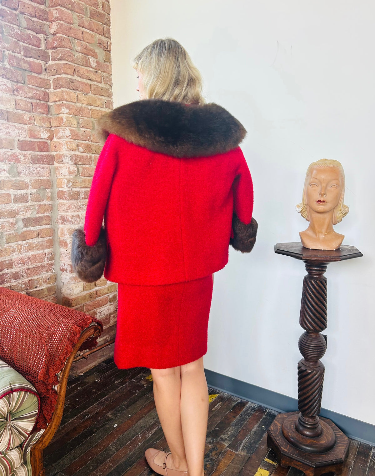 1950s Red Boucle & Mink Suit - Small