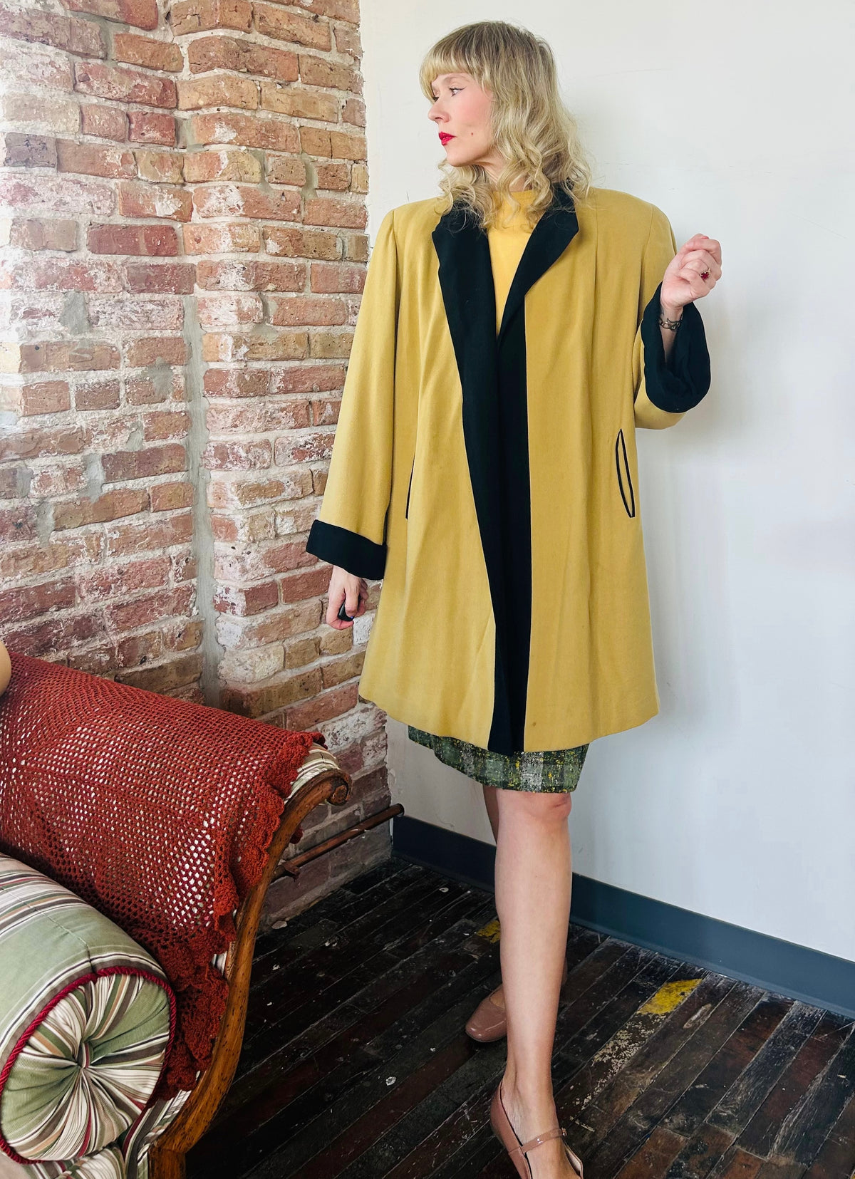 1940s Gold & Black Wool Swing Coat - Large