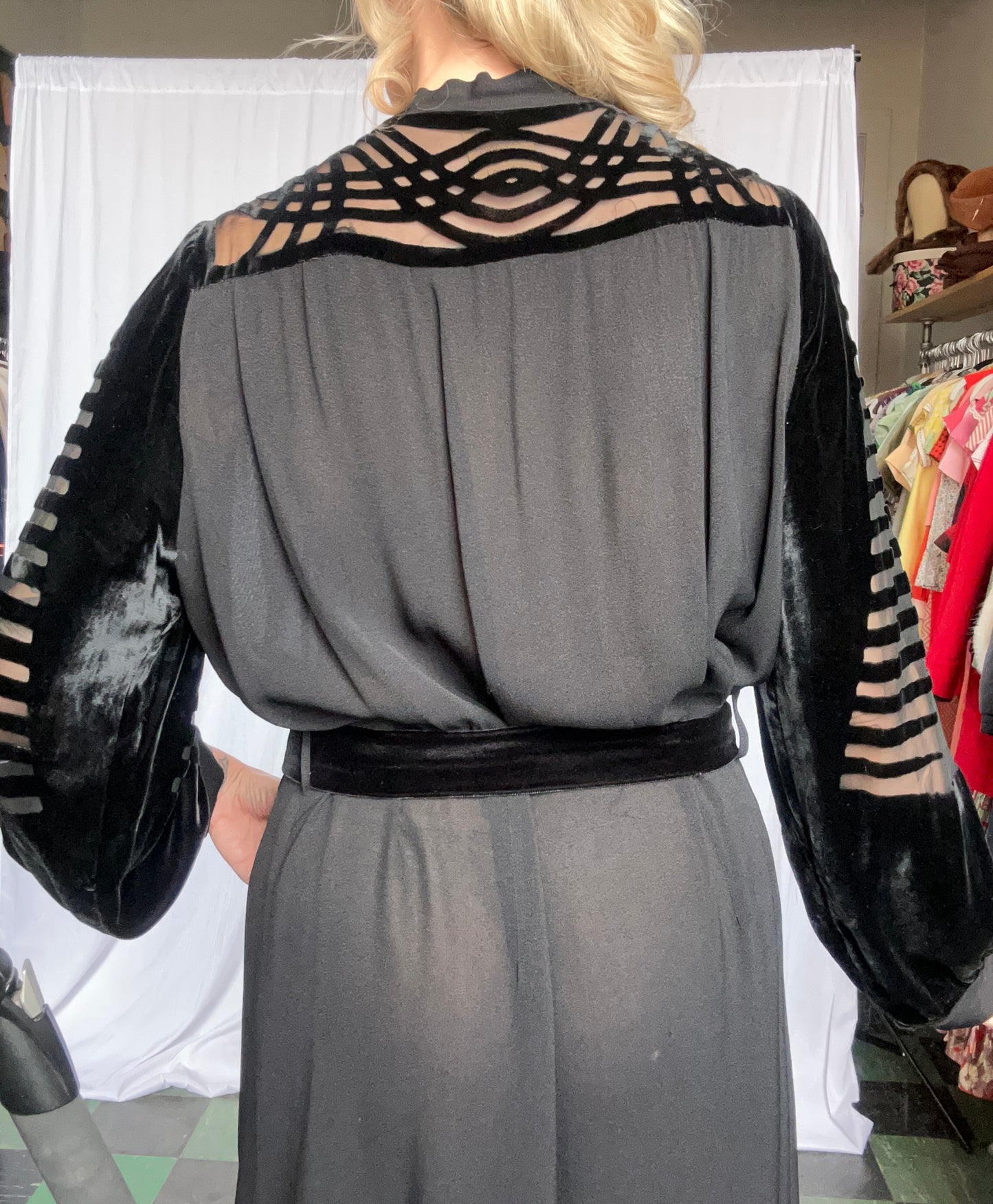 1930s Vamp Burnout Silk Velvet and Rayon Crepe Dress - XXL