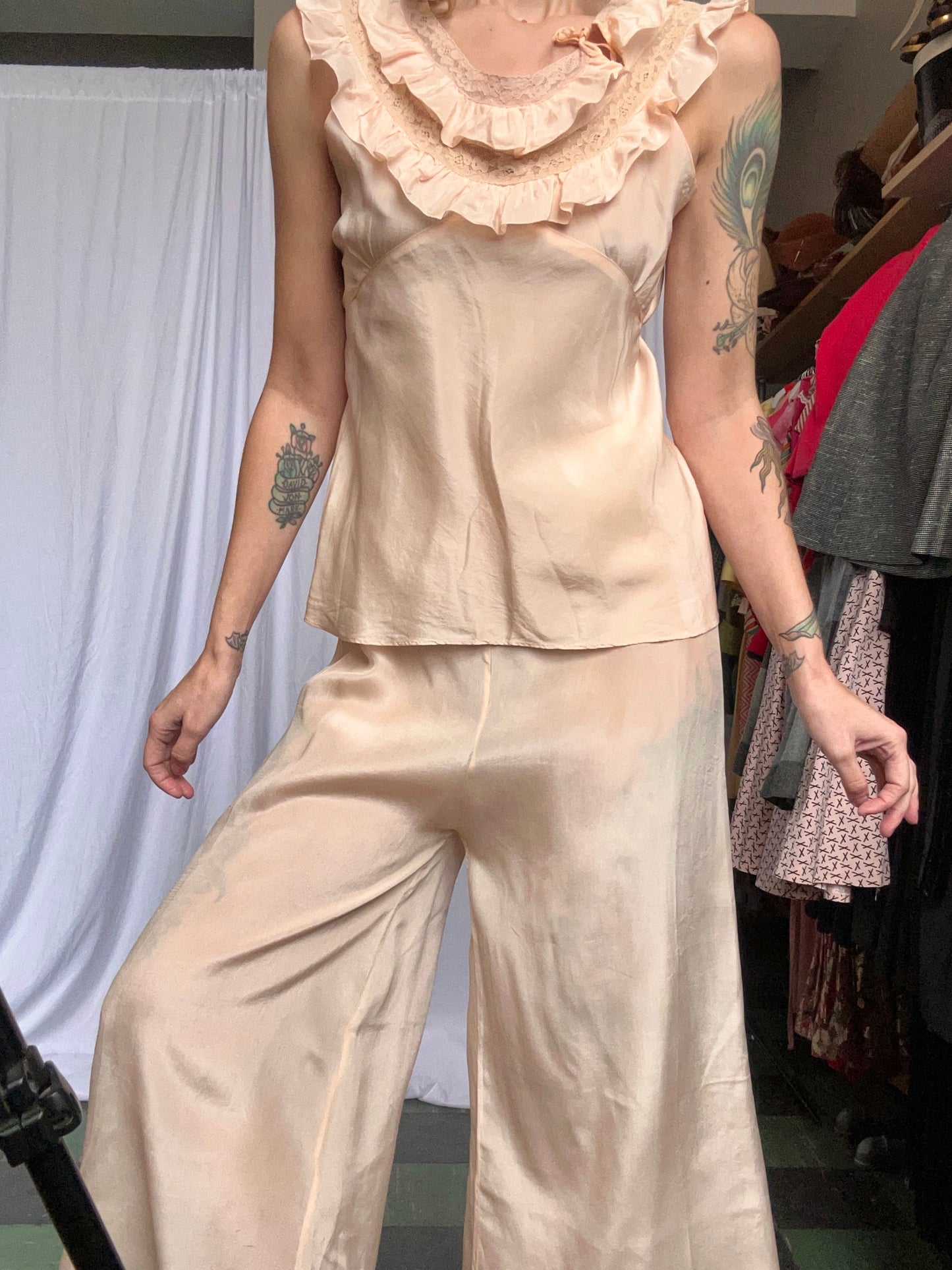 1930s Silk Lounge Blouse & Wide Leg Pant Set - Medium