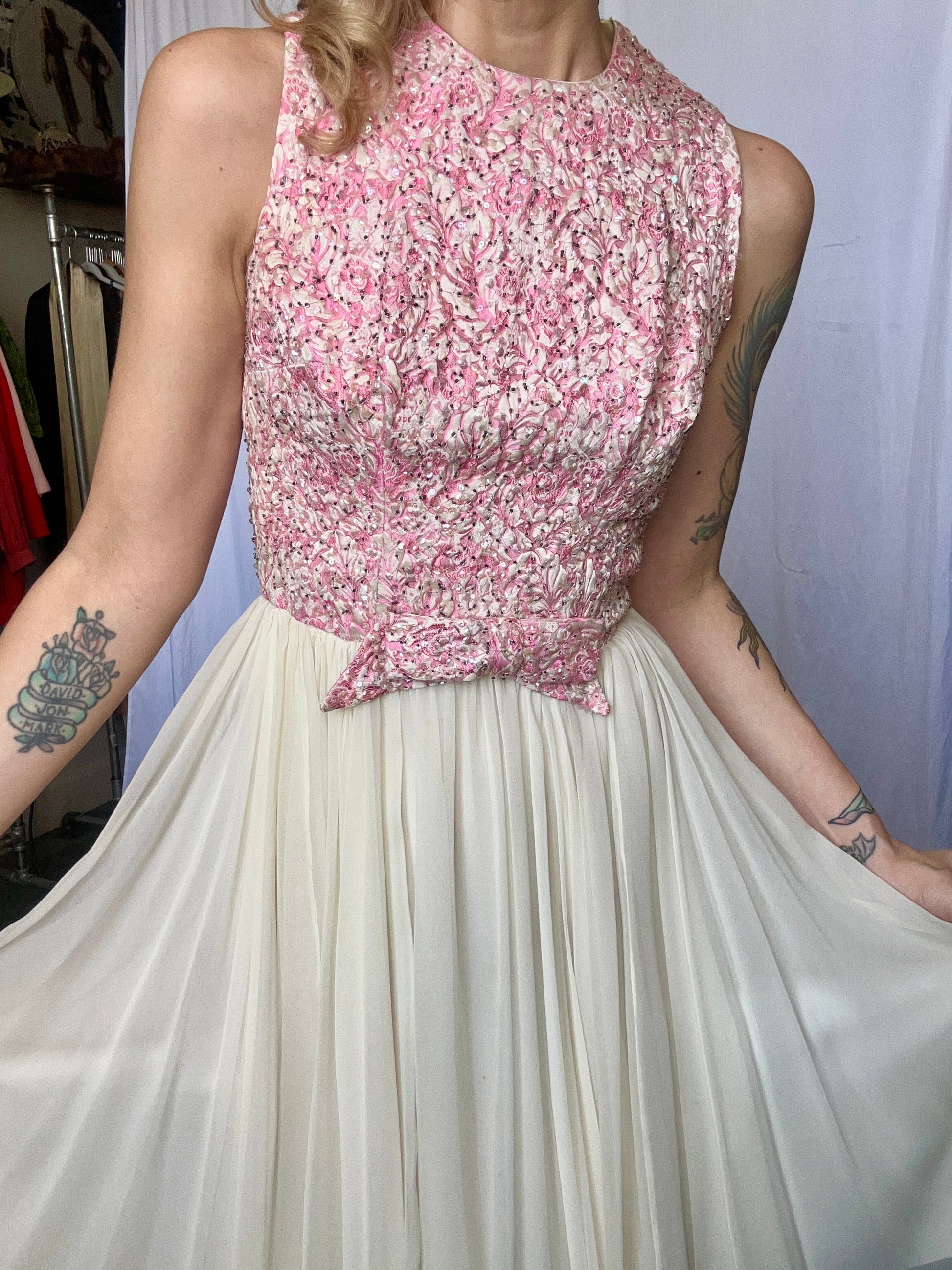 1950s Spring Silk Brocade and Chiffon Dress and Jacket - Small