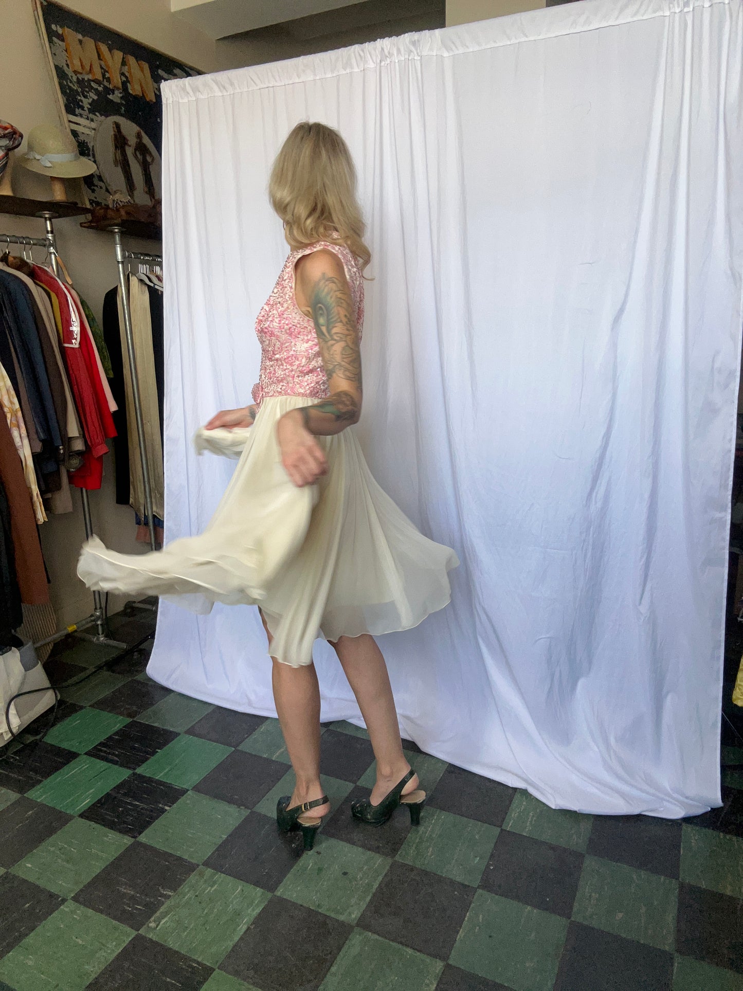 1950s Spring Silk Brocade and Chiffon Dress and Jacket - Small