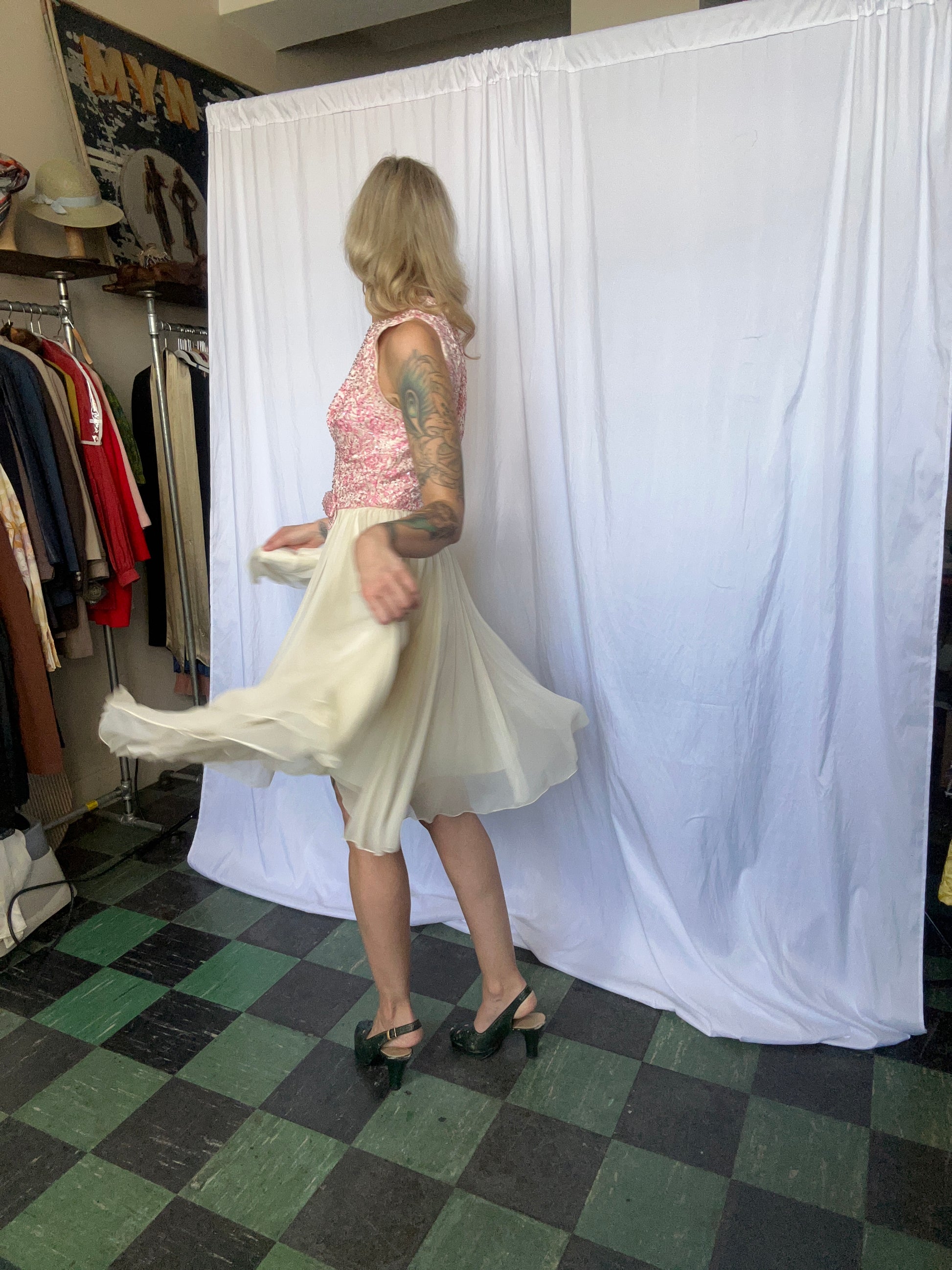 1950s Spring Silk Brocade and Chiffon Dress and Jacket - Small