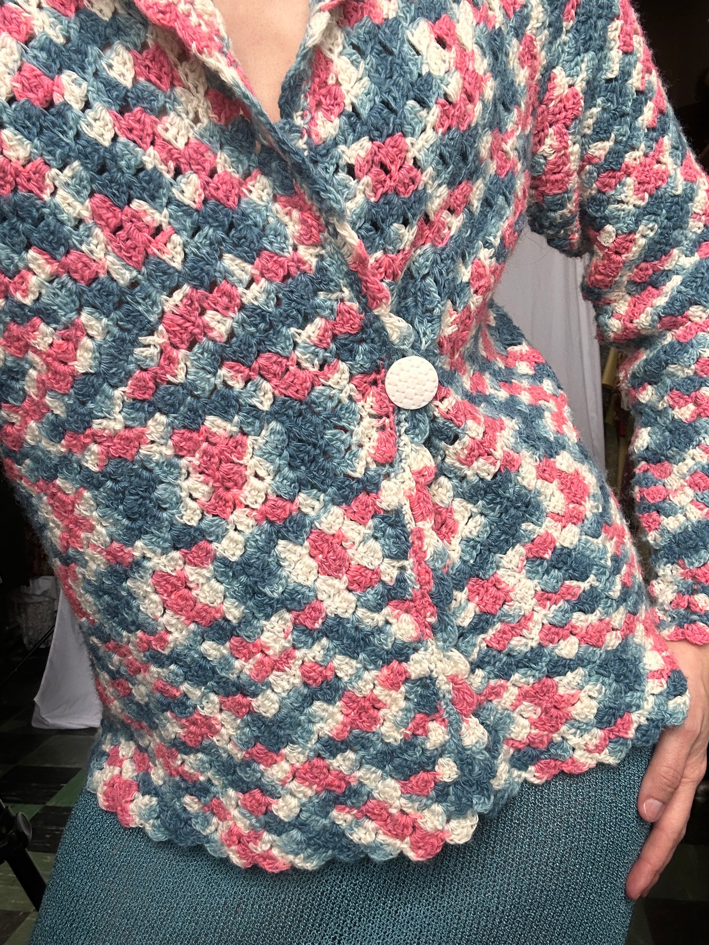 1940s Pink & Blue Crochet Sweater - Med to Large