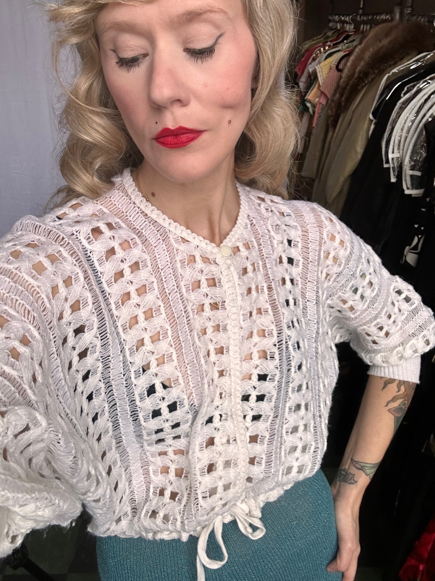 1940s Crochet White Open Cardigan - S/M